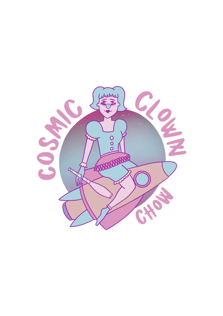 Chow the Cosmic Clown riding a pink rocket